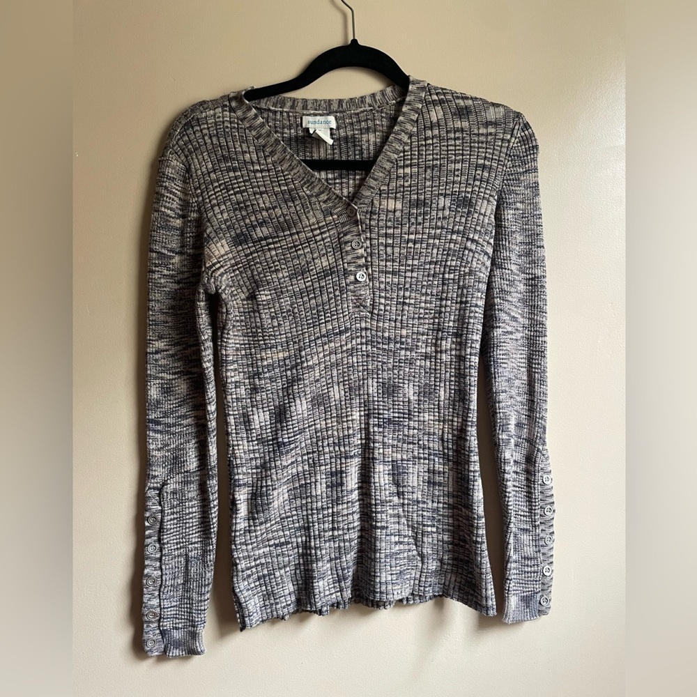 Sundance Gray Henley ribbed knit thermal v neck long sleeve top size M